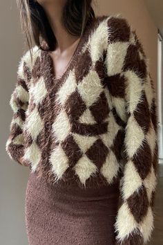 Brown fuzzy argyle cardigan. Acrylic/nylon (strawberry available) Checker Sweater, Argyle Cardigan, Vibe Tribe, Fuzzy Cardigan, Hippie Vibes, Mohair Cardigan, Boho Girl, Brown Sweater, Casual Clothing