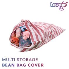 a bag filled with stuffed animals sitting on top of a white background and the words multi storage bean bag cover