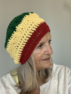 Rastafarian hat / slouchy crochet hat / Bohemian hats / unique and one of a kind hats Casual Beanie For Festivals, Crochet Cap One Size Fits Most, Handmade Brimmed Bonnet, Handmade Multicolor Slouchy Hat, Multicolor Handmade Slouchy Hats, Handmade Curved Brim Hat, One Size Fits Most, Handmade Hats With Curved Brim, One Size Fits Most, Adjustable Casual Beanie Costume Hats, Handmade Hats With Curved Brim