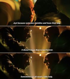 the flash and green arrow are talking in front of each other with caption that reads just because someone stumbles and loses their way, it doesn't mean they're lost forever