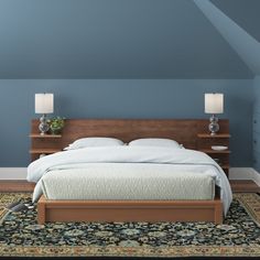 a bedroom with blue walls and white bedding, two nightstands on either side of the bed