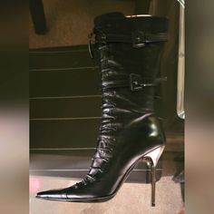 Charles David Vintage Black Leather Boots Nwot Made In Italy. Leather Upper And Soft Leather Lining. Stiletto Silver Heal. Statement Piece. Collector Item. Size 39 If You Love And Want, Feel Free To Make A Reasonable Offer. Elegant Boots With Buckle Closure For Night Out, Luxury Heeled Boots For Galas, Elegant Heeled Boots With Buckle Closure For Party, Elegant Heeled Boots With Buckle For Party, Elegant Party Heeled Boots With Buckle Closure, Luxury Square Toe Evening Boots, Designer Boots With Buckle Closure For Party, Luxury Evening Boots With Square Toe, Luxury Leather Boots For Party