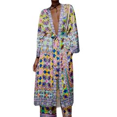 New With The Tags! Gorgeous Zara Printed Satin Belted Long Maxi Kimono Bright Colors Of Purple, Yellow, Pink, Orange, Green, Yellow, White, Aqua Blue, And More! Geometric Print Satin Detachable Sash That Ties At The Waist 3/4 Wide Kimono Sleeves High Side Slits Long Maxi Length Lined 100% Poly Size Large Bohemian V-neck Multicolor Sets, Bohemian Multicolor Print Sets For Spring, Yellow V-neck Summer Set, Yellow Printed Vacation Sets, Festival Printed Yellow Kimono, Festival Yellow Printed Kimono, Yellow Printed Kimono For Festival, Spring Yellow Long Sleeve Sets, Yellow Long Sleeve Sets For Spring