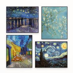 four paintings are shown on the wall in different styles and colors, each with an image of a starry night