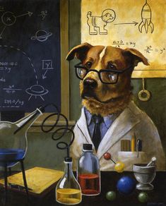 a painting of a dog wearing glasses and lab coat