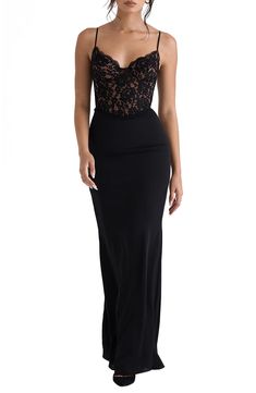 HOUSE OF CB Cara Corset Illusion Lace Underwire Cocktail Dress | Nordstrom Black Lace Bodice Dress, Corset Black Dress, Long Sleeve Lace Maxi Dress, Pretty Frocks, Black Corset Dress, Georgette Skirt, Corset Gown, Black Lace Corset, Lace Underwire