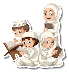 three muslim children reading books together