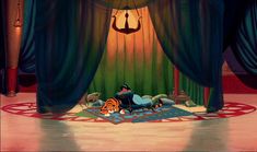 an animated scene of a man sitting on a chair in front of a curtain with animals