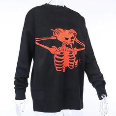 #EG0435 PRODUCT DETAILS:Material: Polyester. SpandexSize Measurements: One Size: Shoulder: 58cm. Bust: 118cm. Sleeve Long: 56cm. Length: 72cm Fitted Skull Print Tops For Winter, Black Stretch Tops With Skull Print, Black Stretch Top With Skull Print, Stretch Skull Print Tops For Fall, Harajuku Sweater, Doing It For Me, Oversized Overalls, Black Knitted Sweater, Gothic Harajuku