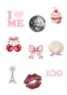 some stickers that are on the back of a cell phone, including lipstick and a cupcake