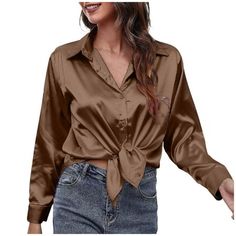 Women's Blouse Satin Silk Shirt Button Down Shirt Casual Loose Long Sleeve Office Work Long Edition Blouse Features: Soft silky fabric: The women's satin silk top is made of 95% polyester and 5% elastic, breathable and lightweight silk fabric, and the long-sleeved T-shirt gives you a comfortable feminine and cool feeling. Chic design: button shirts, long-sleeved shirts, classic V-neck tops, loose fitting robes, casual fashion tops, lapel work shirts, office shirts, button shirt tops, loose fitti Satin Button Down Shirt Shorts, Casual Brown Blouse, Cheap Brown Crew Neck Blouse, Cheap Beige Office Shirt, Cheap Brown Shirt For Workwear, Satin Shirts For Women, Loose Long Sleeve Dress, Office Shirts, Blouse Satin