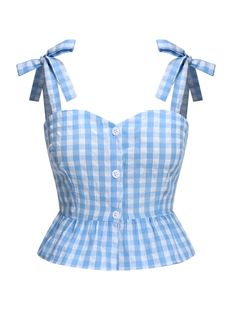 Blue 1960s Straps Plaid Ruffled Hem Tops | Retro Stage Tie Front Top Pattern, Upcycle Shirt, Pin Up Outfits, Standard Dress, Hem Top, Front Tie Top, Costume Outfits, Plaid Tops, Tunic Length