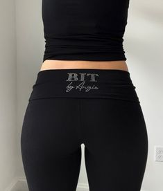 Fold over waist Y2K yoga pants Heat-pressed rhinestone logo Thick and stretchy Flare bottoms Model is wearing a size S 32” inseam Fall Fits Baddie, Linens Pants, Fold Over Yoga Pants, Luxury Stuff, Rhinestone Outfit, Flare Bottoms, Off Shoulder T Shirt, Y2k Pants, Y2k Era