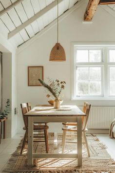 a dining room table and chairs in front of a window with sunlight coming through the windows