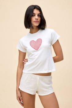 Gingham Heart Vintage Tee Relaxed Fit Heart Print T-shirt For Summer, Summer Cotton T-shirt With Heart Print, Summer Graphic Tee With Heart Print, Summer Heart Print Short Sleeve T-shirt, Casual Heart Print T-shirt For Summer, Summer Heart Print T-shirt, Summer Cotton Top With Heart Print, White Heart Print T-shirt For Summer, Applique Shirts For Women