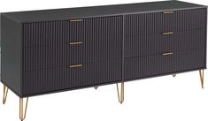 a black dresser with gold handles and drawers on it's sides, against a white background