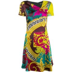 Versace dress in colorblocked silk twill with signature Greek key motif.Crew neckline; asymmetric ruched detail.Short sleeves.A-line silhouette.Mid thigh length.Back zip.100% Silk.Silk acetate lining.Contrasting applications: metal applicationsPattern: designer's motifDesigner Style ID: A83203A230939Made in Italy. Versace Print, Versace Shorts, Silk Dress Short, Versace Dress, Designer Cocktail Dress, Linnet, Greek Key, Silk Twill, Cotton Skirt