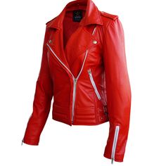 The first thing that will come to your mind after laying eyes on this beautiful women red Brando with zippers leather jacket is sheer class and premium quality. The jacket is designed with meticulous attention to detail in terms of both style and form fitting. Made with 100% genuine leather, the jacket also comes with a shiny gleam and deep matte finish to give it a more luxurious look and feel. One of the best features of the jacket is undoubtedly the Brando-style lapel at the center with side zip. The lapels, each have one stud epaulette. Moreover, with a traditional wide, biker collar, the jacket also has fitted shoulder straps. With zipped sleeves, and zipped pockets (one on each side), another feature that makes the jacket stand out are the dual adjustable straps on the torso on each Red Jacket Leather, Punk Woman, Stylish Leather Jacket, Studded Jacket, Real Leather Jacket, Leather Skin, Genuine Leather Jackets, Leather Jackets Women, Leather Jacket Men