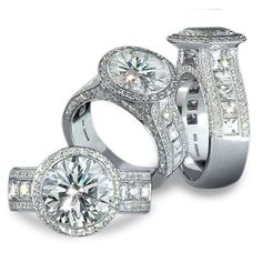 three different types of wedding rings with diamonds on each one and an engagement ring in the middle