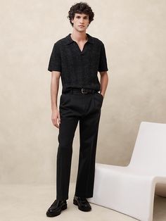 Pleated Chino | Banana Republic Black Wedding Guest Attire Men, Mens Club Attire, All Black Guys Outfit, All Black Outfit For Party Night Men, Men’s Wedding Guest Outfit Fall Black, Black Cocktail Attire Men, Mexican Street Wear Men, Men’s Wedding Casual Guest, Black Wedding Outfit Men