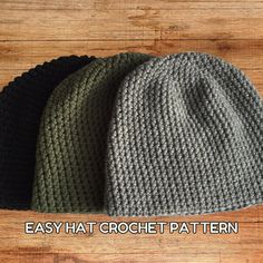 two knit hats sitting on top of a wooden floor with the words easy hat crochet pattern