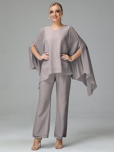 Silver Mother Of The Bride Suits, Chiffon Pants, Dress Pant Suit, Long Sleeves Dress, Mother Of The Bride Outfit, Box Package, Flowy Sleeves, Half Sleeve Dresses, Sleeves Dress