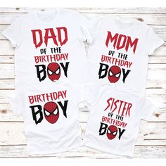 two shirts with the words dad of the birthday boy and mom of the birthday boy printed on them