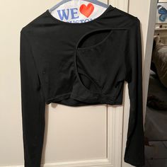 Never Worn Cutout Crop Top In Perfect Condition Black Long Sleeve Tops With Cutout, Black Long Sleeve Cutout Top, Black Stretch Crop Top With Cutout, Black Long Sleeve Top With Cutout, Fitted Black Top With Cutout, Black Cutout Tops For Night Out, Cutout Crop Top, Shein Tops, Crop Top