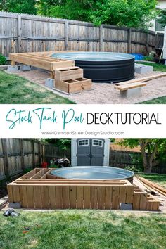 an above ground hot tub with steps leading up to it and the bottom half is made out of wood