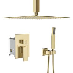 the shower faucet and hand shower head are shown in polished brass, with an overhead