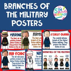 You will receive 6 posters:ArmyNavyAir ForceMarinesCoast GuardOne with all the Branches on one posterThese posters are great for Veterans Day and Memorial Day but can be left up on the classroom year round! Veterans Day Elementary, Veterans Day For Kids, Military Powerpoint, Branches Of The Military, American Legion Auxiliary, Veterans Day Activities, Patriotic Banner, Military Poster, Honoring Veterans