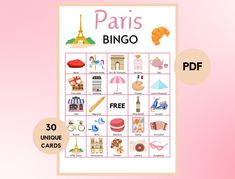 a pink poster with the words paris bingo on it