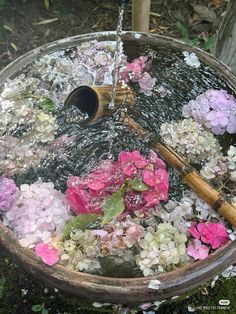 a bucket filled with water and flowers on the ground next to a wooden stick in it