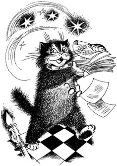 a black and white drawing of a cat on a checkerboard with stars in the background