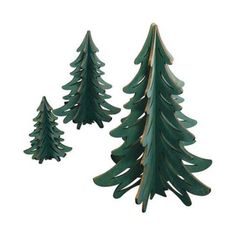 three green wooden christmas trees on a white background