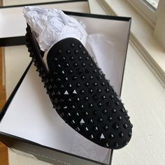 Mens Studded Loader. Looks Just Like A Christian Louboutin. Brand New In Box. Formal Black Studded Loafers, Formal Leather Loafers With Spikes, Elegant Black Loafers With Studs, Elegant Leather Loafers With Spikes, Black Spiked Loafers For Formal Occasions, Designer Black Suede Loafers, Black Designer Suede Loafers, Leather Low-top Loafers For Party, Low-top Leather Loafers For Parties