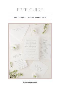 the free guide for wedding stationery with white flowers and greenery on top of it