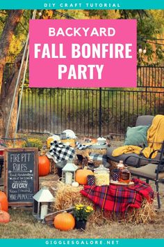 backyard fall bonfire party with hay bales, pumpkins and plaid blankets on the ground