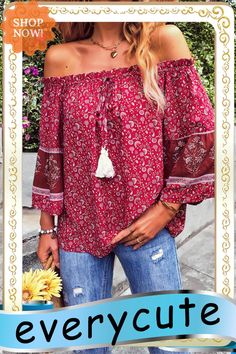 Red Boho Off-shoulder Floral Print Blouse Off-shoulder Long Sleeve Top For Summer Beach, Long Sleeve Off-shoulder Top For Beach In Summer, Long Sleeve Off-shoulder Top For Summer Beach, Bohemian Long Sleeve Off-shoulder Top For Vacation, Red Off-shoulder Top For Spring, Bohemian Off-shoulder Blouse For Beach, Bohemian Off-shoulder Spring Tops, Bohemian Off-shoulder Summer Tops, Bohemian Long Sleeve Off-shoulder Top