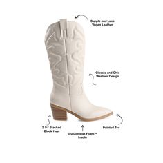 The Chantry boot from Journee Collection effortlessly blends Western flair with modern style. Featuring a pointed toe and a stacked 2 3/4-inch block heel, these boots provide a fashionable nod to the cowgirl aesthetic. With a convenient pull-on design, a 12-inch shaft height, and a 4 mm Tru Comfort Foam™ footbed, they offer both ease of wear and comfort, making them a chic addition to any wardrobe. Please refer to size chart for calf measurements. • Pointed-Toe • Pull-On • 4 mm Tru Comfort Foam™ Footbed • 12- in Shaft Height • 2 3/4- in Block Heel • Faux Leather Uppers All measurements are approximate and were taken using a size 6. Please note measurements may vary slightly by size. Western Style Wide Calf Knee-high Boots For Spring, Western Heeled Boots With Stacked Heel For Winter, Western Boots With Block Heel For Fall, Western Block Heel Boots For Fall, Wide Calf Snip Toe Knee-high Boots For Spring, Wide Calf Knee-high Boots With Snip Toe For Spring, Fall Mid-calf Boots With Stacked Low Heel, Pointed Toe Mid-calf Boots With Reinforced Heel For Rodeo, Western Heeled Boots With Stacked Low Heel