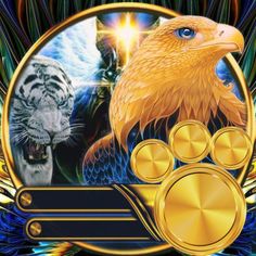 a golden eagle and two white tiger are in front of a blue background with gold accents