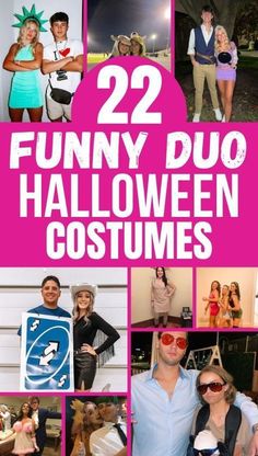 some people are dressed up in costumes and posing for the camera with text that reads 22 funny duo halloween costumes