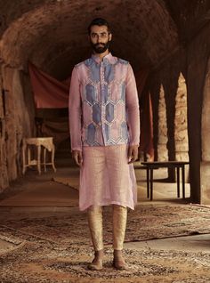 Itrh-Pink And Blue Jahangir Bundi-INDIASPOPUP.COM Organza Kurta, Nehru Jacket, Nehru Jackets, Linen Jacket, Kurta With Pants, Indian Ethnic Wear, Indian Design, Designer Wear, Handmade Clothes