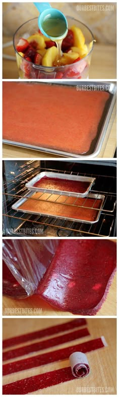 the process for making fruit tarts is shown in three different stages, including baking