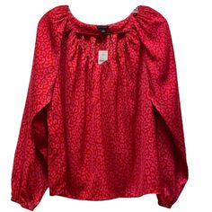 Ann Taylor Animal Print V-Neck Boho Peasant Satin Blouse Long Sleeve, Elastic Cuffs Lightweight Brand New With Tags. Approximate Measurements Pit To Pit: 21" Shoulder To Hem: 24" Spring Red Blouse With Blouson Sleeves, Casual Red V-neck Peasant Top, Casual Red Split Neck Top, Red Peasant Top For Fall, Satin Blouse Long Sleeve, Taylor Animal, Red Top Women, Women Ruffle Blouse, Purple Floral Top