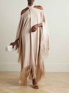 TALLER MARMO Mambo fringed crepe kaftan | NET-A-PORTER Contemporary Womens Fashion, Fringe Kaftan, Kaftan Dress Modern, Nigerian Clothes, 60s Glamour, Italian Picnic, Mambo Dress, Kaftan Fashion, Taller Marmo