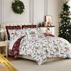 a christmas themed bed with red and white comforter