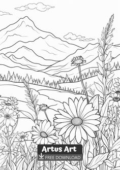 a coloring page with flowers and mountains in the background