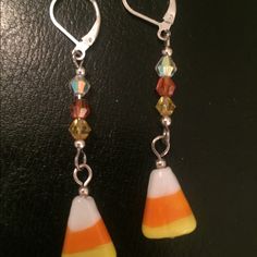 Gorgeous Glass Candy Corn Earrings Embellished With Candy Corn Colored Swarovski Crystal Beads. Mushroom Bead Earrings, Red Bead Earrings, Candy Corn Earrings, Hummingbird Earrings, Red Coral Earrings, Small Gold Hoop Earrings, Seashell Earrings, Faux Pearl Earrings, Glass Candy