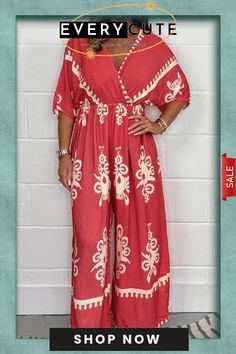 Printed Cross Front Jumpsuit Jumpsuits And Romper, Jumpsuit Fashion, Jumpsuit Romper, Shop Now, Coral, Jumpsuit, Rompers